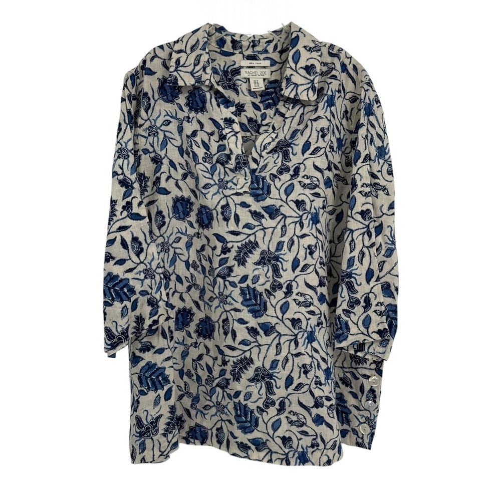 Rachel Zoe Size 1X Women’s 100% Linen Cream Blue Floral Popover Tunic Blouse